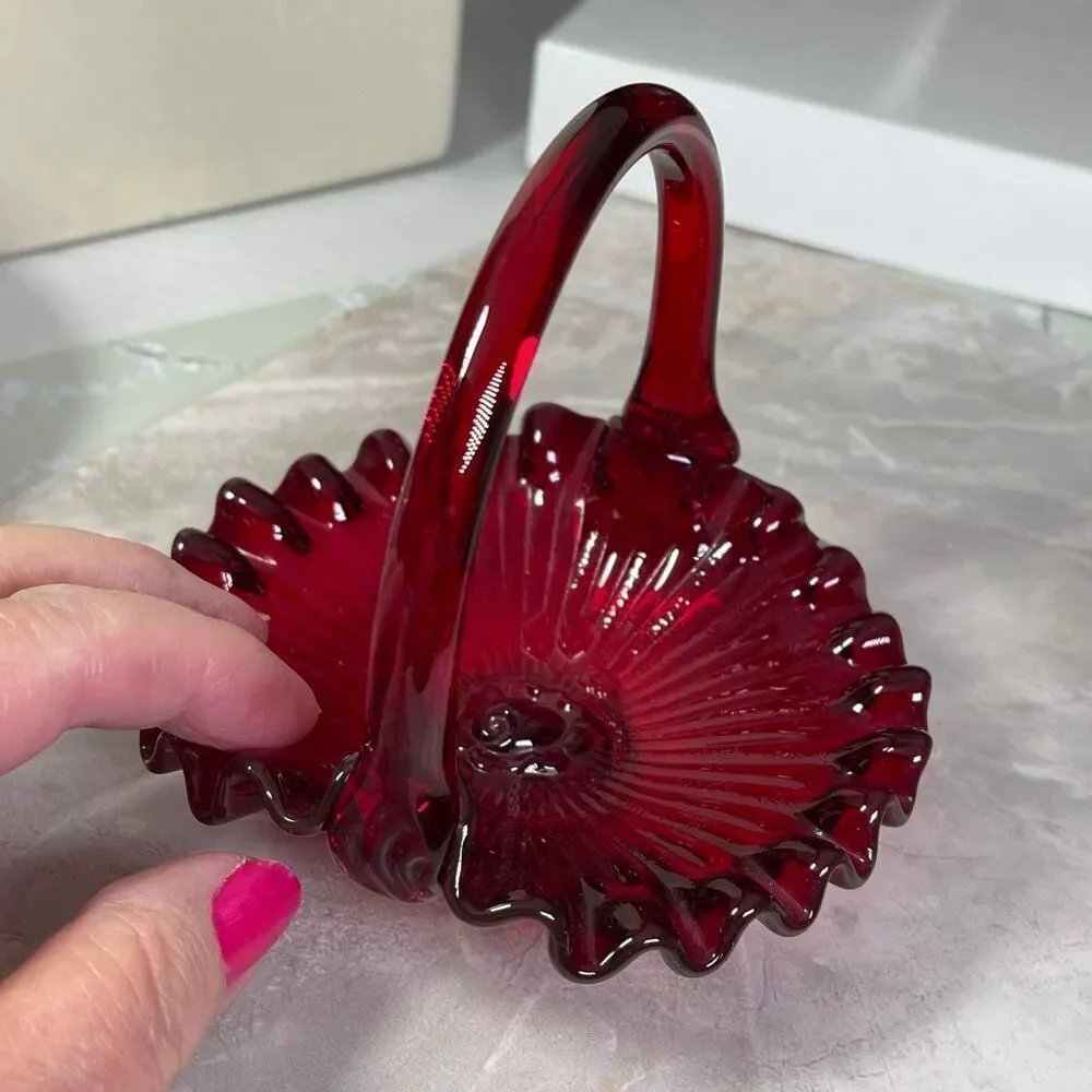 Vintage Fenton Ruby Red thumbprint basket with rose bottom signed